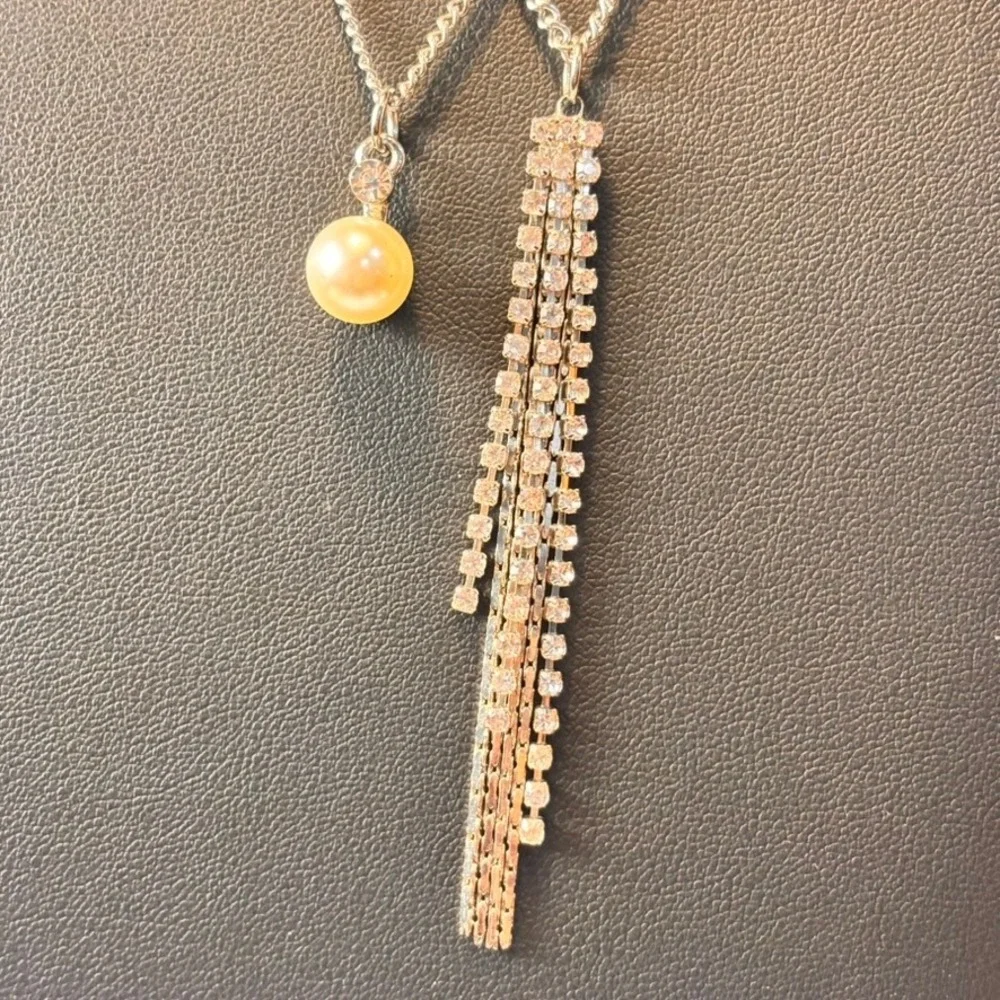 Vintage Necklace Set Silver Pearl Rhinestone Fringe Tassel Y2K Boho Statement